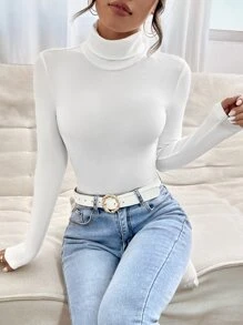 SHEIN PETITE 純色緊身高領白色連身衣 - 白色 - 查看 6