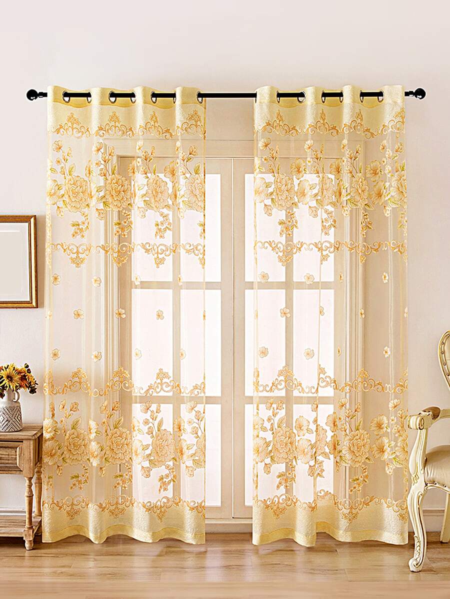 花卉刺繡單片透視窗簾 - 黃色 - 查看 1