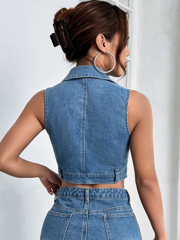 Pocket Patched Zip Up Crop Tank Denim Top