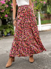 SHEIN VCAY Allover Floral Print Ruffle Hem Skirt - Multicolor - View 3