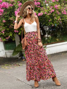 SHEIN VCAY Allover Floral Print Ruffle Hem Skirt - Multicolor - View 4