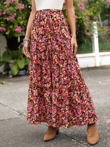 SHEIN VCAY Allover Floral Print Ruffle Hem Skirt - Multicolor - View 5