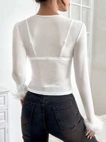 SHEIN PETITE Fuzzy Cuff Sheer Mesh Top Without Bra - White - View 2