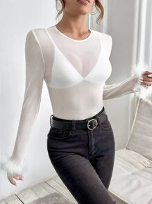 SHEIN PETITE Fuzzy Cuff Sheer Mesh Top Without Bra - White - View 5