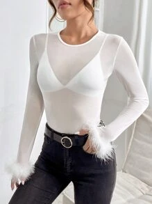 SHEIN PETITE Fuzzy Cuff Sheer Mesh Top Without Bra - White - View 6
