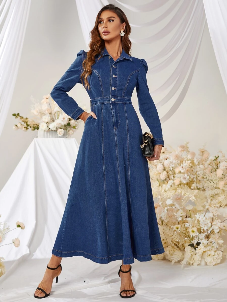 Puff Sleeve Denim Dress - Medium Wash - View 1