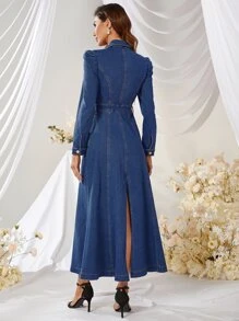 Puff Sleeve Denim Dress - Medium Wash - View 2