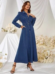 Puff Sleeve Denim Dress - Medium Wash - View 3