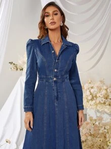 Puff Sleeve Denim Dress - Medium Wash - View 6