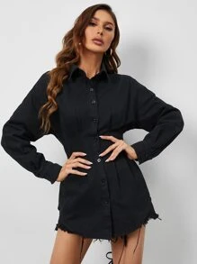 Drop Shoulder Fold Pleated Denim Shirt - Black - View 1