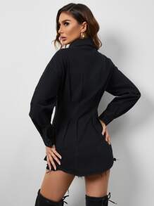 Drop Shoulder Fold Pleated Denim Shirt - Black - View 2