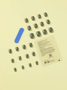 Upgrade Your Look with 24pcs Short Square Green Solid Glossy Fake Nail & 1pc Nail File & 1sheet Tape - Olive Green - View 2
