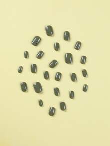 Upgrade Your Look with 24pcs Short Square Green Solid Glossy Fake Nail & 1pc Nail File & 1sheet Tape - Olive Green - View 4