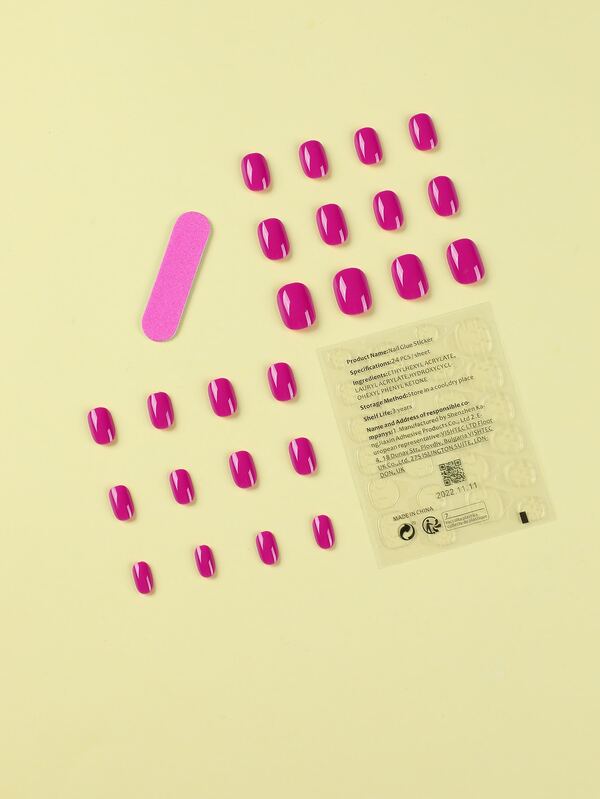 Transform Your Nails with 24pcs Short Square Magenta Solid Glossy Fake