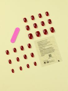 使用24入組短方形紅色素色光澤假指甲和1入組指甲銼和1張膠帶立即升級您造型 - 酒紅色 - 查看 2