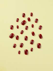 使用24入組短方形紅色素色光澤假指甲和1入組指甲銼和1張膠帶立即升級您造型 - 酒紅色 - 查看 4