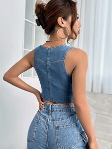 SHEIN EZwear Button Front Crop Denim Tank Top - Medium Wash - View 2