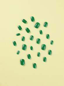 Upgrade Your Look with 24pcs Short Square Green Solid Plain Fake Nail & 1pc Nail File & 1sheet Tape - Green - View 4