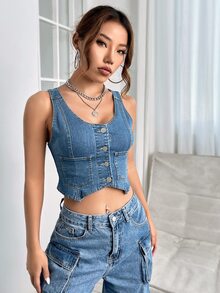 SHEIN EZwear Button Front Crop Denim Tank Top - Medium Wash - View 4