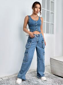 SHEIN EZwear Button Front Crop Denim Tank Top - Medium Wash - View 5