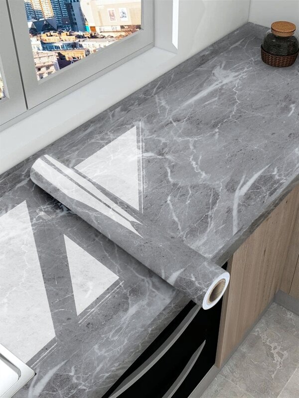 1 rollo de pegatina autoadhesiva de PVC reforzado con patrón de mármol gris moderno, resistente al aceite, al agua y al calor para renovación de paredes de cocina, pegatinas, vinilos decorativos para el hogar, artículos de decoración de primavera para refrescar tu hogar, pegatinas de decoración de festivales, regalos de cumpleaños y graduación