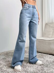 SHEIN ICON Quần jean nữ Nút Túi Dây kéo màu trơn - Rửa nhẹ - Xem 5