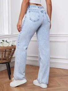 SHEIN EZwear 拉鏈門襟闊腿牛仔褲 - 淺色水洗藍 - 查看 3