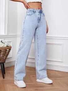 SHEIN EZwear 拉鏈門襟闊腿牛仔褲 - 淺色水洗藍 - 查看 4