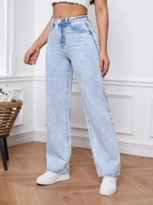 SHEIN EZwear 拉鏈門襟闊腿牛仔褲 - 淺色水洗藍 - 查看 1