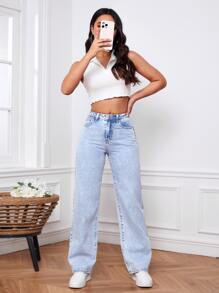 SHEIN EZwear 拉鏈門襟闊腿牛仔褲 - 淺色水洗藍 - 查看 5