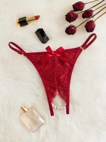 Lace Pearl Detail Bow Front Crotchless Thong - Burgundy - View 1