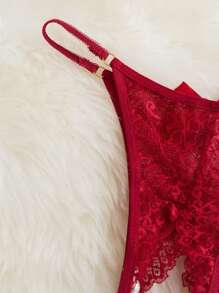Lace Pearl Detail Bow Front Crotchless Thong - Burgundy - View 3