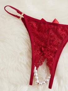 Lace Pearl Detail Bow Front Crotchless Thong - Burgundy - View 4