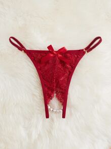 Lace Pearl Detail Bow Front Crotchless Thong - Burgundy - View 5