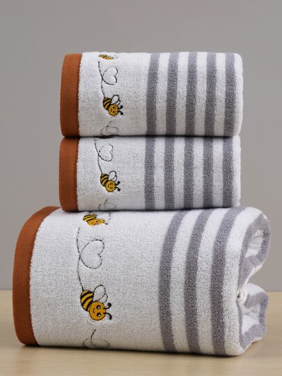 QIBHI 1/2 st. randig broderad badhandduk eller handduk i bomull, parhandduk i pastoral stil, plyschabsorberande, lämplig för badrum, hotell, gym, resor, present, salong, sport, utomhus, strand, skola, skolstart, resetillbehör, heminredning, handduk, hudvård