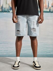 ROMWE MEN Hombres Shorts mezclilla bermuda algodón desgarro - Lavado ligero - Ver 3