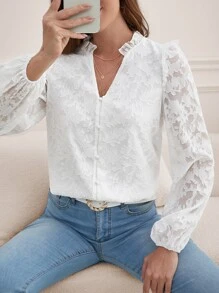 SHEIN Frenchy 提花褶邊燈籠袖襯衫