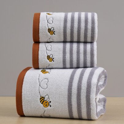 QIBHI 半条棉质条纹刺绣浴巾或手巾，田园风情侣毛巾，柔软吸水，适用于浴室、酒店、健身房、旅行、送礼、沙龙、运动、户外、海滩、学校、返校季、旅行配件、家居用品、毛巾、护肤