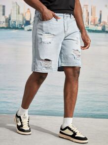 ROMWE MEN Hombres Shorts mezclilla bermuda algodón desgarro - Lavado ligero - Ver 6