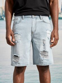 ROMWE MEN Hombres Shorts mezclilla bermuda algodón desgarro - Lavado ligero - Ver 7