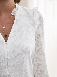 SHEIN Frenchy 提花褶邊燈籠袖襯衫