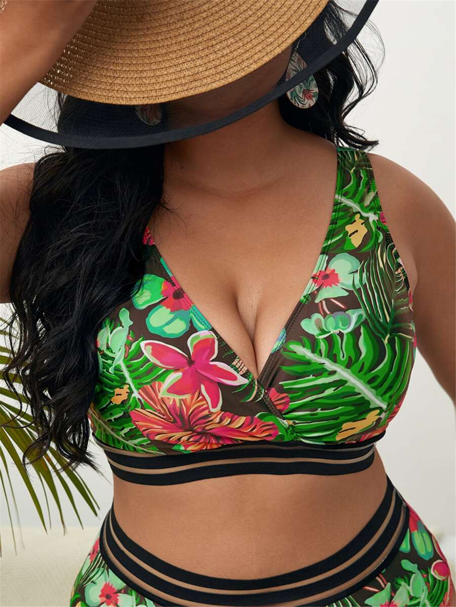 SHEIN Swim Curve 大碼熱帶圖案網紗拼接比基尼泳裝上衣 - 彩色 - 查看 1