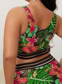 SHEIN Swim Curve 大碼熱帶圖案網紗拼接比基尼泳裝上衣 - 彩色 - 查看 2