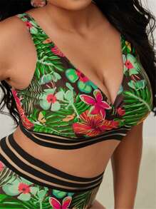 SHEIN Swim Curve 大碼熱帶圖案網紗拼接比基尼泳裝上衣 - 彩色 - 查看 3