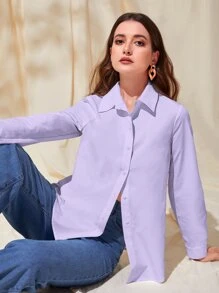 Mulvari Áo sơ mi nữ Nút phía trước màu trơn Giải trí - Màu tím  Violet - Xem 1