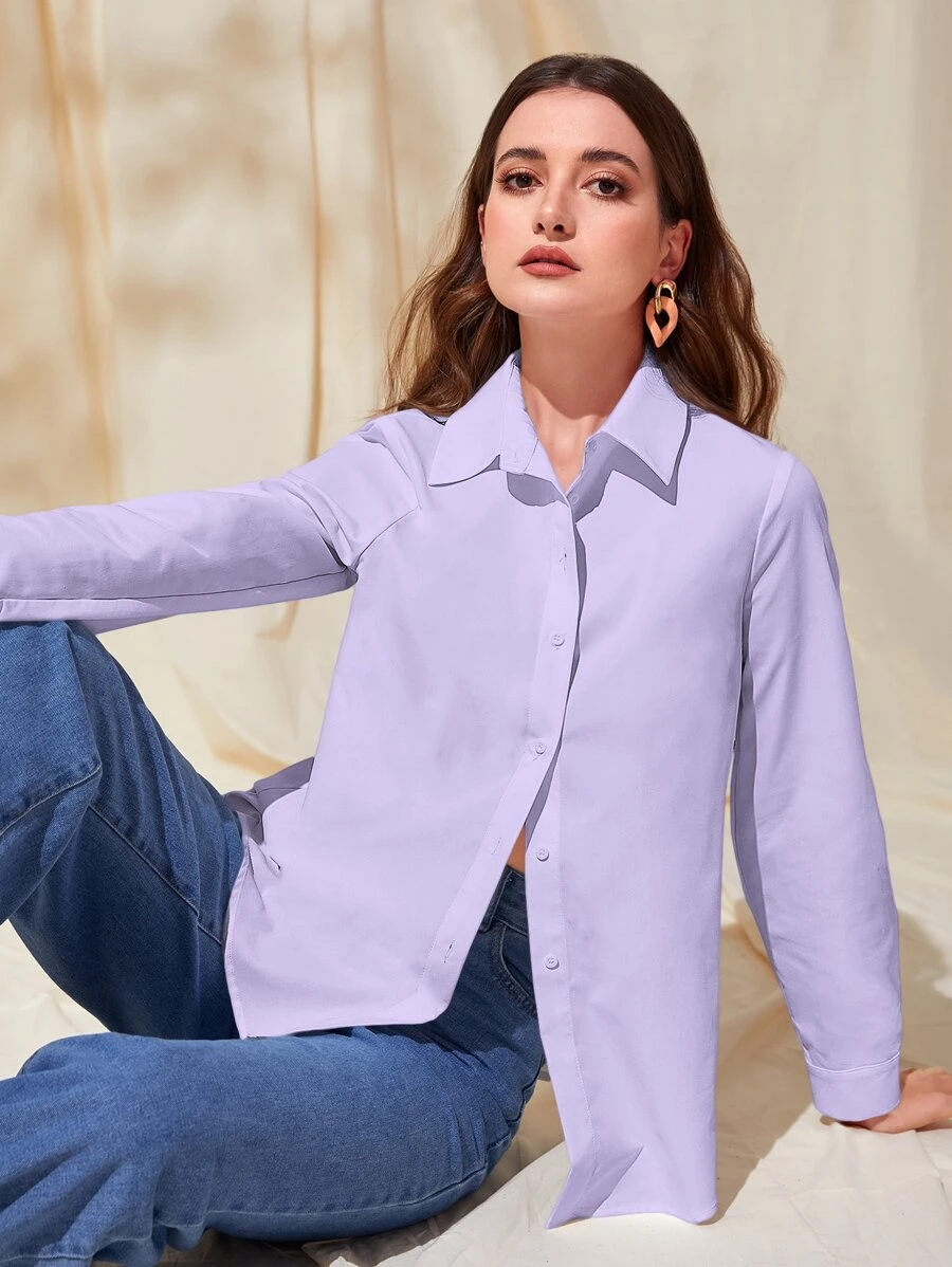 Mulvari Áo sơ mi nữ Nút phía trước màu trơn Giải trí - Màu tím  Violet - Xem 1