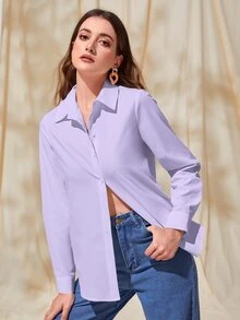 Mulvari Áo sơ mi nữ Nút phía trước màu trơn Giải trí - Màu tím  Violet - Xem 3