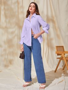 Mulvari Áo sơ mi nữ Nút phía trước màu trơn Giải trí - Màu tím  Violet - Xem 4