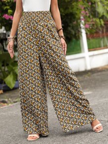 SHEIN VCAY Ditsy Floral Wide Leg Trousers - Multicolor - View 1
