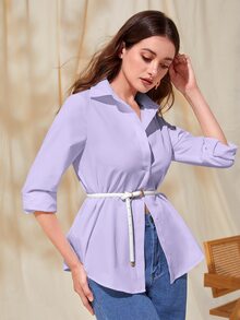 Mulvari Áo sơ mi nữ Nút phía trước màu trơn Giải trí - Màu tím  Violet - Xem 5